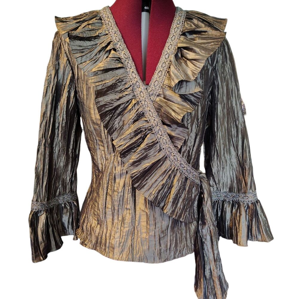 Jackie Jon NY VTG Shimmer Ruffled Crinkle Metallic Lace Size 8 Shirt Blouse